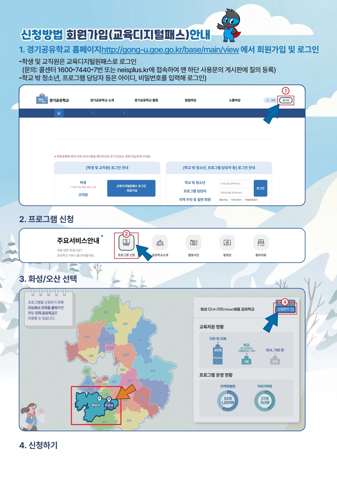 📣 오산공부챌린지 모집 안내 (공유학교 겨울시즌)  겨울방학, 공부 루틴 같이 잡아볼 사람? ⛄📚 오산중앙도서관에서 진행되는 경기공유학교 겨울시즌 프로그램(오산공부챌린지) 참가자 모집해요!  모집: 2025. 12. 16.(화) 18:00 ~ 12. 22.(월) 16:00  발표(추첨): 12. 22.(월) 16시 이후 문자(카톡) 안내  대상: 중1~고2 / 15명  일시: 2026. 1. 10.(토) ~ 2. 7.(토) 09:30~12:30  장소: 오산중앙도서관  내용: 자기주도학습 그룹코칭(공부 습관 만들기) / 무료  ✅ 신청: 경기공유학교 홈페이지 → 교육디지털원패스 로그인 → 프로그램 신청 → 화성/오산 선택 https://gong-u.goe.go.kr/base/main/view  📌 겨울독서문화예술학교 프로그램도 도서관에서 함께 운영(및 안내) 예정이니, 겨울방학 알차게 챙겨가요✨  문의: 010-8050-7221(평일 10:00~19:00) / 031-379-1168, 031-371-0623 / 원패스 1600-7440(7번)